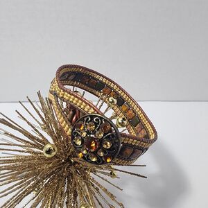 Handmade BROWN Stone Bead Embroidered Rhinestone Button Bracelet Statement
